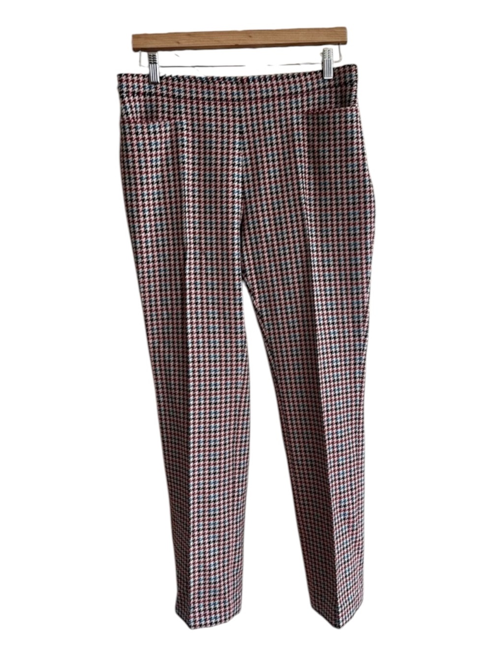Akris Punto Francoise Houndstooth Jacquard Slim Leg Pants Cream Red Blue Sz US 8